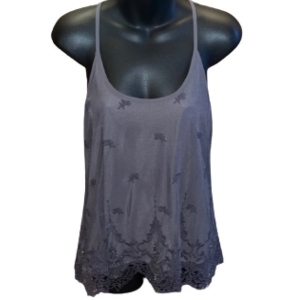 BKE Boutique slate blue/gray floral embroidered racerback tank top size M